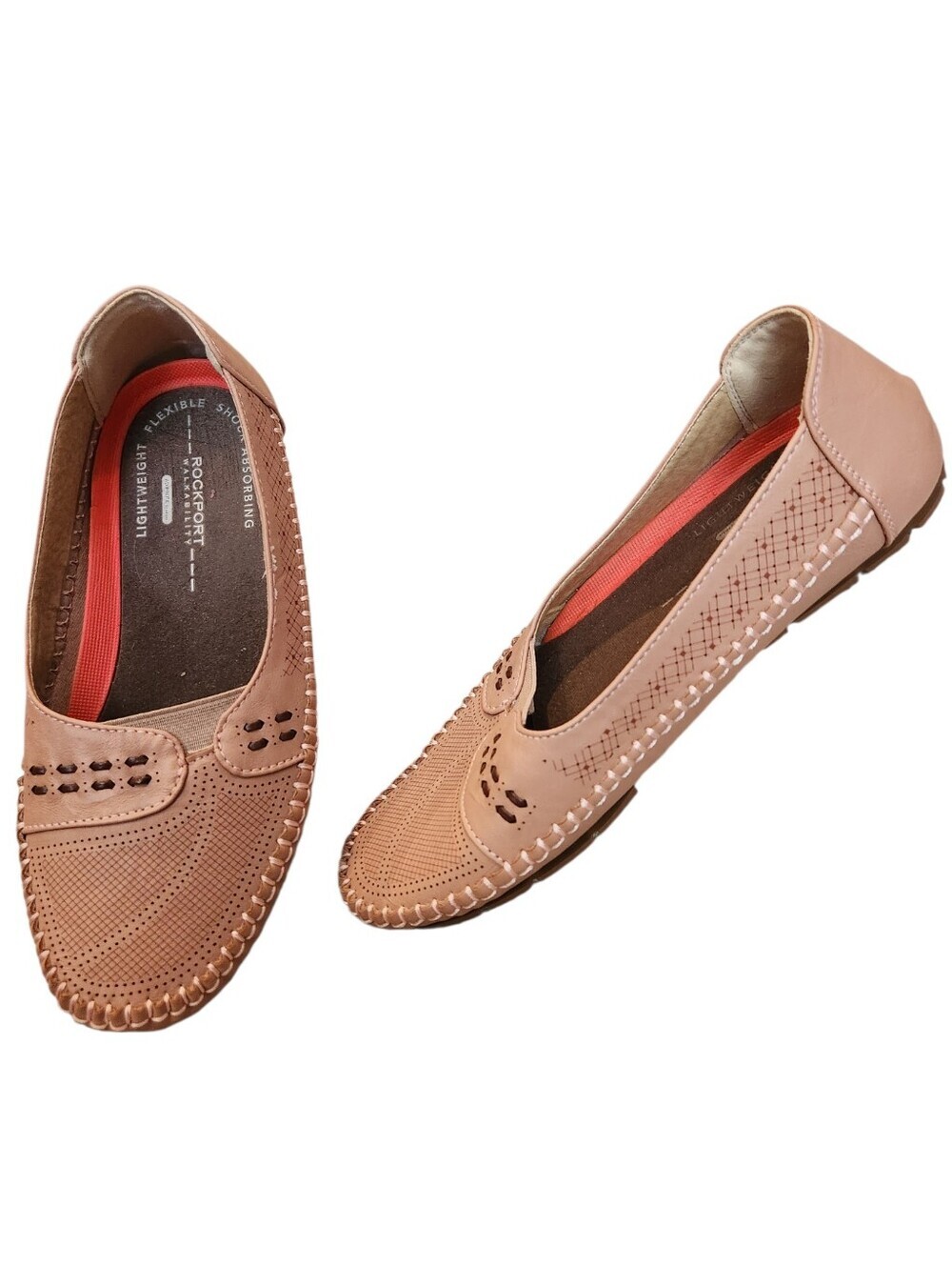 Rockport Walkability Taupe/Pink Perforated Leather Slip-On Flat Loafers Size 39